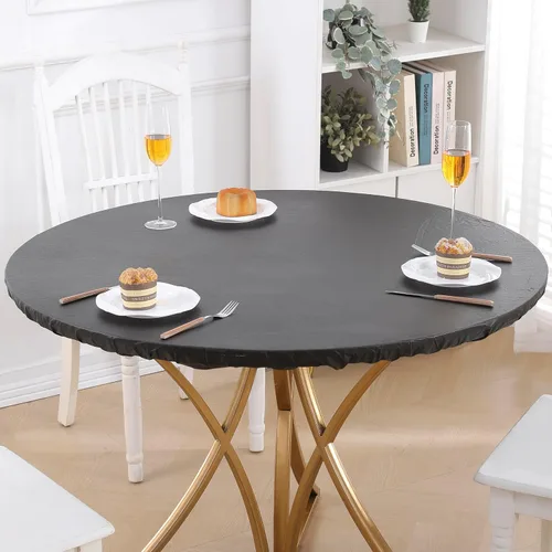 Vista 4 de Walrus Mantel redondo de vinilo ajustable con reverso de franela, diseño de borde elástico, impermeable, a prueba de aceite, mantel de PVC Madera