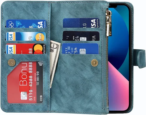Vista 5 de Funda para iPhone 13/14 con tarjetero para mujeres y hombres, con soporte para iPhone 14 con correa de hombro, funda de piel con cremallera y Cordón
