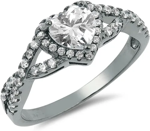Vista 8 de Elige tu color. Anillo de compromiso de plata fina con diseño de corazón y halo Claro