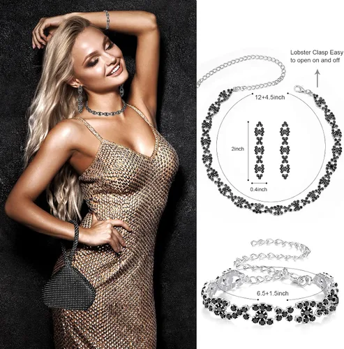 Vista 3 de MTLEE 4 piezas de collar con diamantes de imitación, gargantilla, aretes, monederos de embrague, conjunto de joyas para mujer, triángulo de cristal