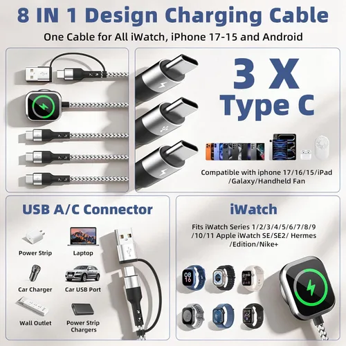 Vista 2 de Cable de carga múltiple USB C 3 para teléfono iWatch Charger/Car Travel Negro-blanco
