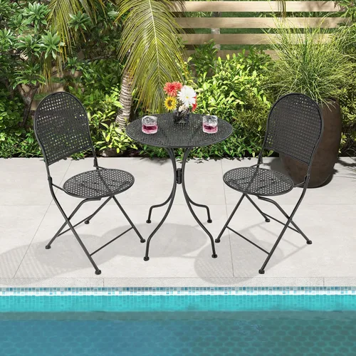 Vista 2 de Giantex Juego de mesa de comedor de 3 piezas, juego de mesa de comedor al aire libre para 2, 1 mesa redonda con 2 sillas plegables, resistente al