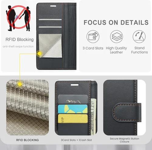 Vista 3 de FLIPALM Funda tipo billetera para Samsung Galaxy A15 5G, con bloqueo RFID, soporte para tarjetas de crédito, de piel sintética, tipo folio