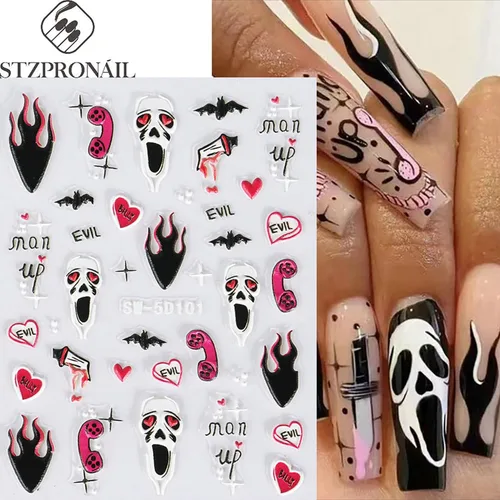 Vista 2 de 6 hojas de calcomanías de arte de uñas de Halloween, 5D estéreo, autoadhesivas, diseño de ojos holográficos, fantasma, llama, calabaza, día