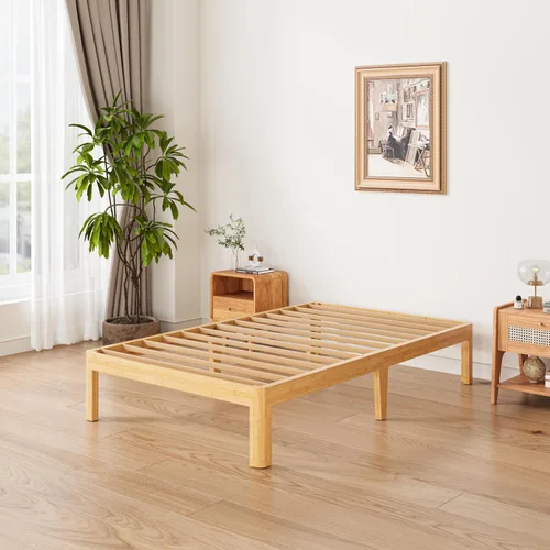 Vista 7 de ZIYOO Marco de cama de plataforma de bambú de tamaño individual de 14 pulgadas, diseño minimalista moderno, soporte resistente, fácil montaje,