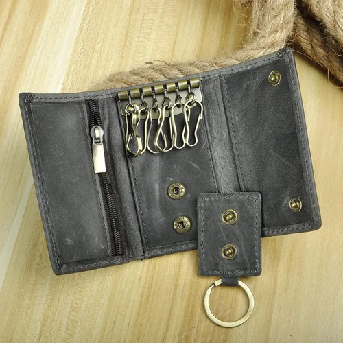 Vista 2 de Le'aokuu Funda de cuero genuino para llave de coche con gancho para monedas, billetera a presión, Gris, Cartera grande