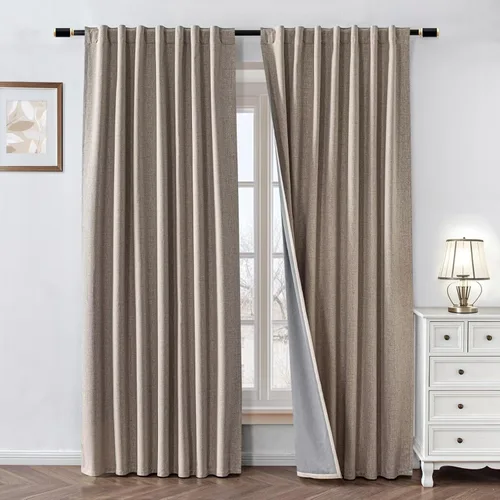 Vista 13 de Cortinas 100% opacas de lino sintético, 90 pulgadas de largo, 2 paneles para dormitorio o sala de estar, térmicas y atenuantes, con lengüetas