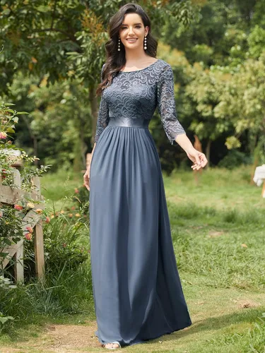 Vista 4 de Alisapan Vestidos de noche formales largos de encaje de gasa con manga 34 para mujer 7412