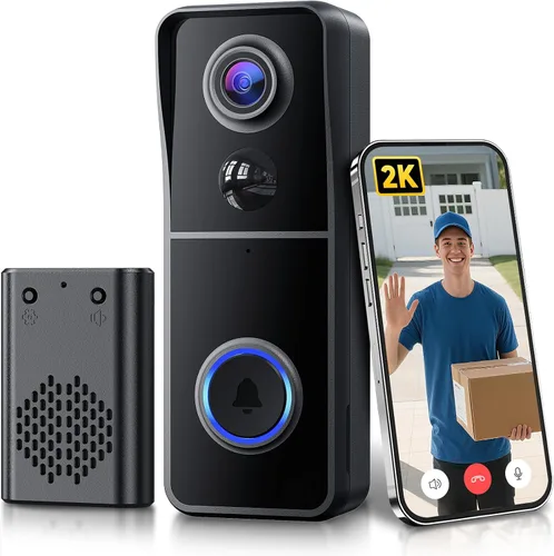 Vista 9 de AUE Timbre de puerta inalámbrico, timbre de video HD 2K con timbre de anillo, funciona con pilas, visión nocturna, audio de 2 vías, detección