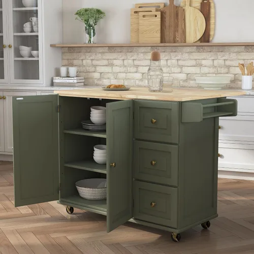 Vista 4 de Homestyles Carrito móvil de isla de cocina con parte superior de madera y barra de desayuno con hoja desplegable, 18" de profundidad x 53.5" de Verde