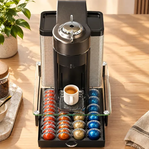 Vista 8 de Deco Brothers cajón de almacenamiento con soporte para cápsulas Nespresso vidrio templado, VertuoLine Negro