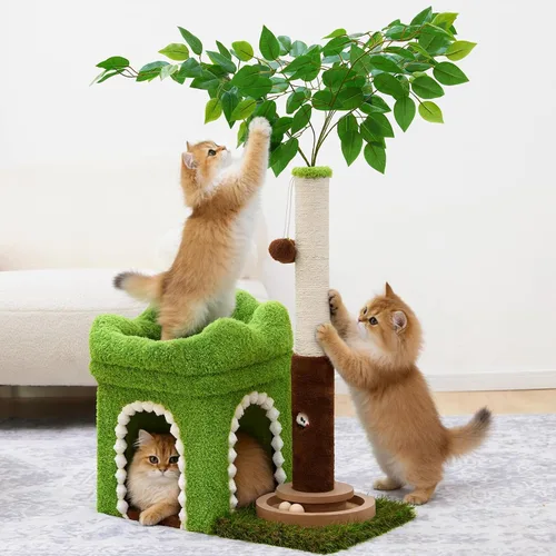 Vista 2 de Woochpet Árbol pequeño para gatos con poste rascador y pista de bolas, torre verde para gatos con hojas realistas para gatitos y gatos pequeños