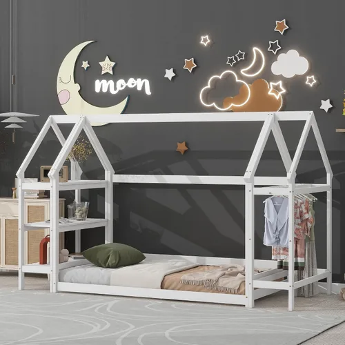 Vista 24 de Cama juguetona en forma de casa de tamaño matrimonial con estantes y luces, marco de cama de metal con techo para niños, adolescentes y adultos, un