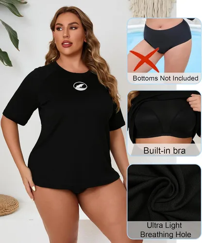 Vista 5 de Halcurt Women's Plus Size Rash Guard Swim Shirt with Built in Bra Swimsuit Todo negro