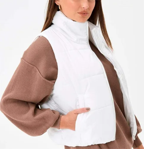 Vista 5 de VELISDE Chaleco corto acolchado para mujer, sin mangas, para invierno, cálido, ligero, cuello alto, con bolsillos