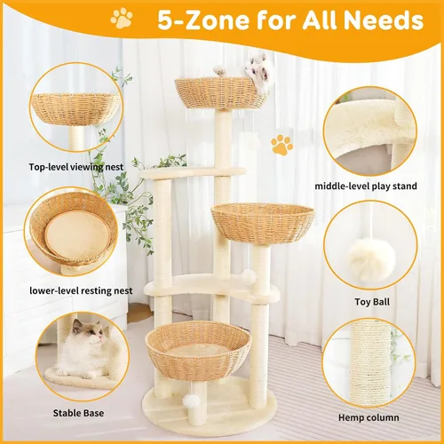Vista 4 de 52-Inch Cat Tree Tower for Large Cats with Woven Basket Beds Three woven beds, multi-level platforms and sisal posts provide climbing, scratching