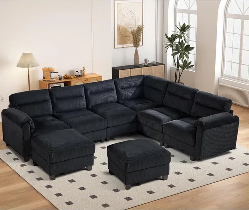 Vista 86 de HAOMARKETS Sofá esquinero modular en forma de L de 115 pulgadas con 2 otomanas móviles, sofás de pana de 8 plazas con cojín grueso para sala de Beige
