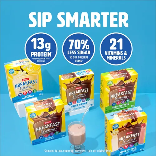 Vista 4 de Carnation Breakfast Essentials Polvo de bebida nutricional Light Start Sabor rico chocolate con leche, caja de 8 paquetes de 20 g (0,705 oz)