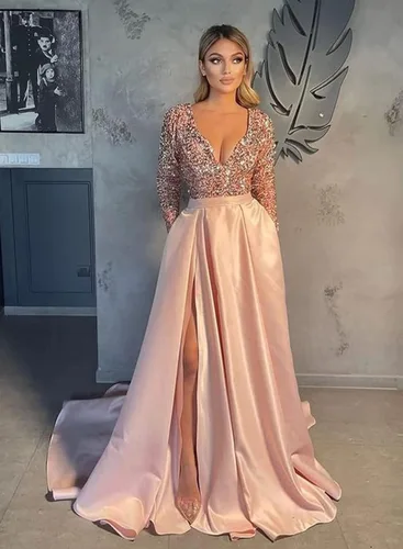Vista 4 de Chady Vestidos de fiesta de noche sexy con cuello en V y manga larga con abertura 2022 con lentejuelas brillantes