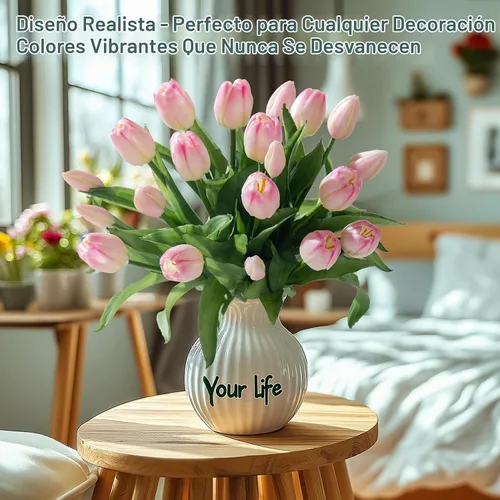 Vista 3 de Bailikang 20 piezas de tulipanes artificiales, flores de seda de tulipanes falsos, ramo artificial de PU, flores artificiales de imitación con caja