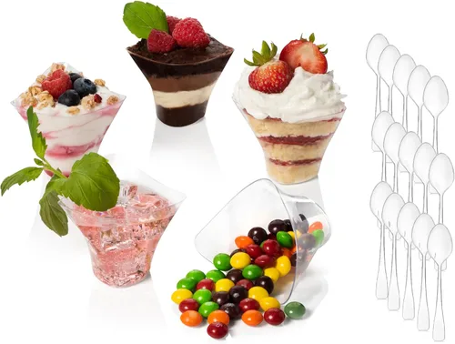 Vista 2 de Paquete de 96 mini vasos de postre de plástico triangular, 3.5 onzas con cucharas, vaso de plástico transparente con mini cuchara para postre