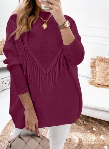 Vista 2 de Dokotoo Suéter de punto de gran tamaño para mujer, cuello redondo, con borlas, manga larga, informal, sin botones