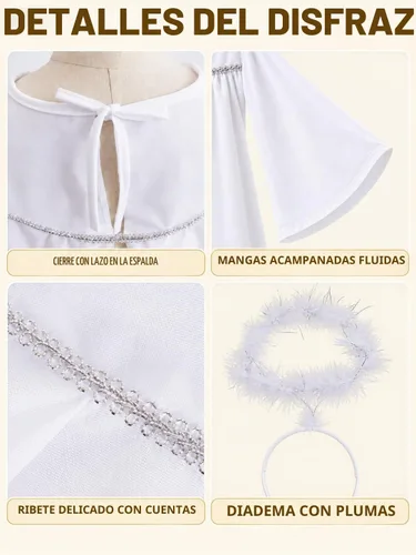 Vista 3 de Disfraz de ángel para niñas, batas de coro con diadema de halo de ángel, disfraz de Navidad, cosplay