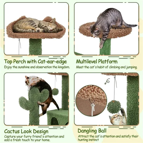 Vista 5 de Yaheetech Árbol para Gatos con Forma de Cactus, Torre de 54.5 Pulgadas con Rampa, Percha con Forma de Orejas de Animal, Postes Rascadores
