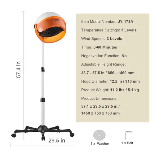 Vista 7 de VEVOR Secador de capó con capucha de 1875 W con velocidad variable, temperatura, temporizador y ruedas para salón de belleza y spa en casa Blanco