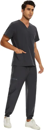 Vista 3 de COZYFIT Conjunto de ropa quirúrgica para hombre camiseta elástica con cuello en V y pantalón deportivo con 8 bolsillos, cintura de yoga, ropa