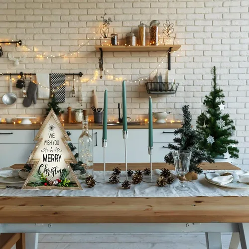 Vista 3 de Decoraciones navideñas para el hogar estilo granja, feliz árbol de Navidad con piñas, bloque decorativo de madera rústico para mesa, decoración