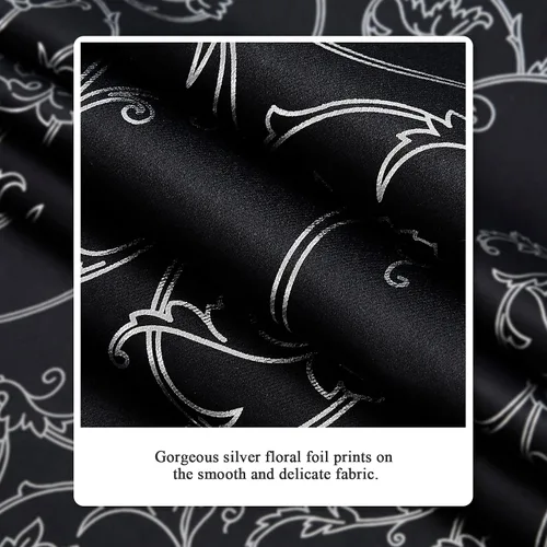 Vista 3 de Enactex Cortinas 100% opacas de 84 pulgadas de largo para dormitorio, cortinas con patrón floral plateado para sala de estar, oscurecimiento