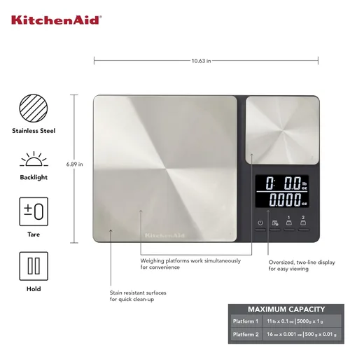 Vista 4 de KitchenAid KQ909 Báscula digital de cocina y alimentos de doble plataforma, capacidad de 11 libras y capacidad de precisión de 16 onzas, color negro