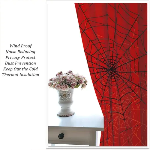 Vista 5 de Cortinas opacas de tela de araña aterradora para niños, tela de araña en blanco y negro, fondo rojo, dormitorio de niños, guardería, decoración