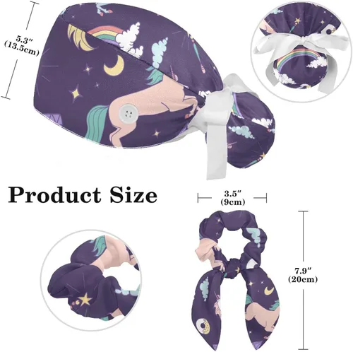 Vista 2 de Myth Unicorns Rainbow Cloud Magic Adjustable Women Scrub Cap with Buttons Bow Hair Scrunchy Sweatband
