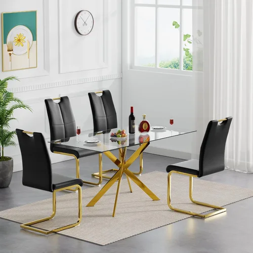 Vista 19 de SSLine Mesa de comedor moderna de cristal, rectangular de 51 pulgadas, color negro con patas de metal diseñadas en X para cocina y comedor