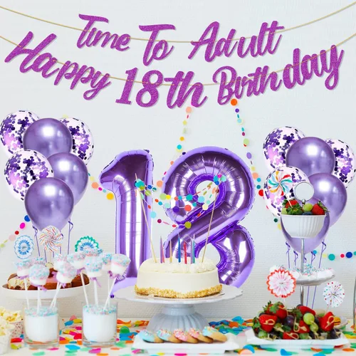 Vista 4 de Decoraciones moradas de cumpleaños número 18 para niñas, banda, tiara de 40 pulgadas, globos de papel de aluminio, globos de confeti de oro rosa