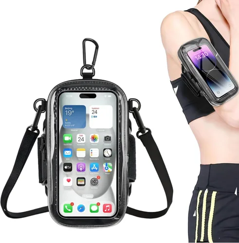 Vista 7 de Brazalete porta teléfono de 3 bolsillos para correr para iPhone 16 15 14 Pro Max 13 Plus 12 11 XS XR X 8 7 Galaxy S23, bolsa para llaves y tarjetas