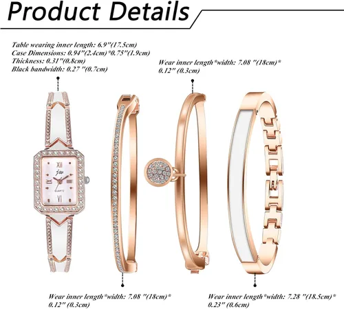 Vista 4 de JewelryWe Conjunto de pulsera de reloj para mujer reloj de pulsera de cristal brillante de oro rosa
