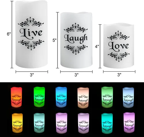 Vista 2 de Velas LED sin llama que cambian de color con control remoto de 18 teclas y temporizador, calcomanías de Live Love Laugh que funcionan