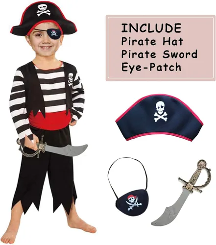 Vista 2 de SPUNICOS Disfraz de pirata para niños con sombrero de pirata parche ocular cutlass pirata