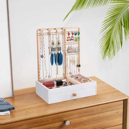 Vista 6 de Teamkio Árbol de joyería con caja de almacenamiento blanca grande organizador de joyas de mesa árbol de exhibición para collares anillos pulseras