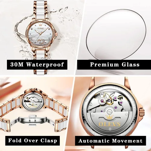 Vista 5 de OLEVS Relojes de oro rosa para mujer, relojes automáticos con pulsera de cerámica de acero inoxidable de dos tonos, relojes de cuerda automática