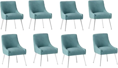 Vista 30 de Sillas de comedor de estilo moderno de terciopelo tapizado, silla de acento de tocador con barra vertical, silla capitonada con patas plateadas