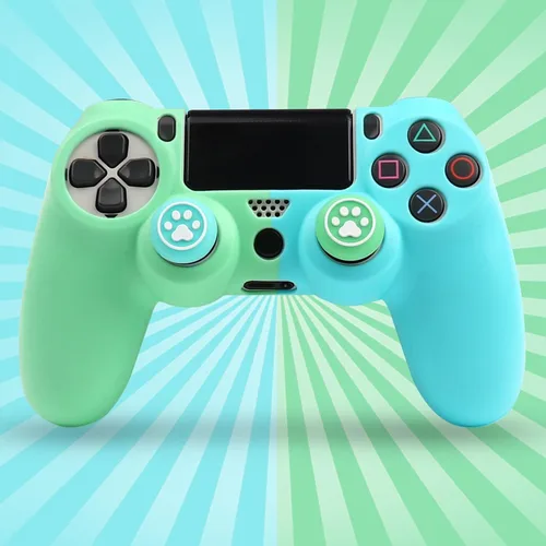 Vista 2 de RALAN Funda de silicona para controlador de color verde y azul dúplex para PS4, protector de agarre antideslizante compatible con controladores