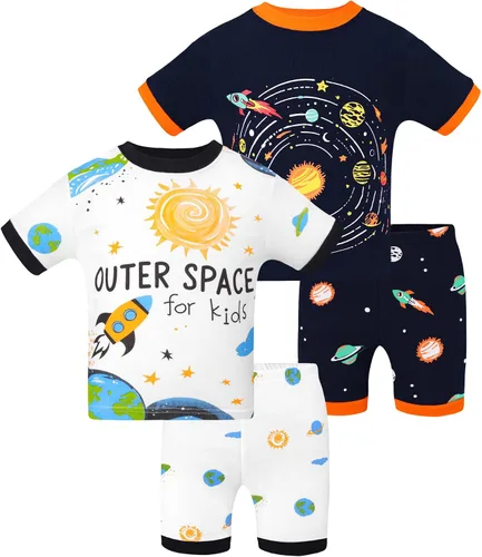 Vista 28 de DAUGHTER QUEEN - Pijama para niños de 4 piezas, conjunto corto 100 % algodón, talla 18 meses-12 años Soft, Breathable, Lightweight, Comfortable