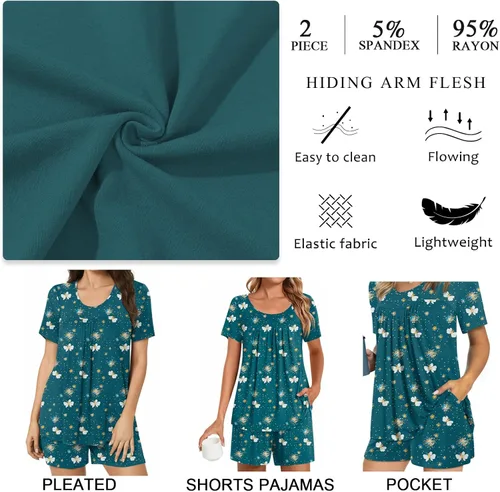 Vista 3 de POPYOUNG Conjunto de pijama de verano para mujer, manga corta, 2 piezas, ropa de dormir con bolsillos
