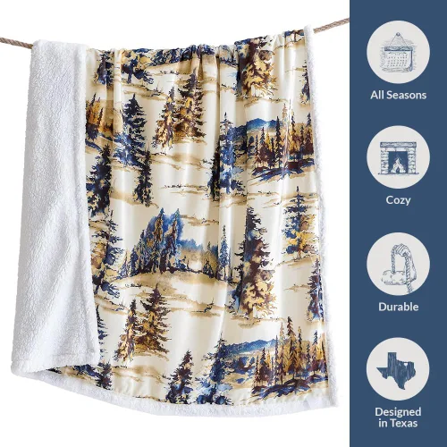 Vista 7 de Indigo Hill by HiEnd Accents Acadia - Manta de sherpa con estampado de pinos bosques, naturaleza, bosque, montaña, manta occidental para acampar al