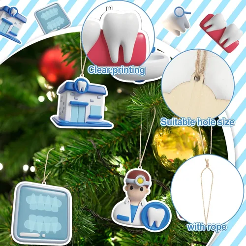 Vista 3 de Wenqik 24 adornos navideños para dentistas y dentistas, decoración de madera, adornos colgantes de Navidad, hoja de dientes, estación de enjuague