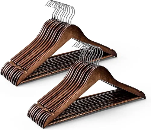Vista 11 de HOUSE DAY Paquete de 10 perchas de madera resistentes para armario, colgador de madera con acabado liso con barra antideslizante para pantalones